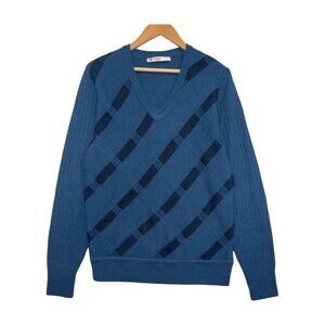 Mr Turk Sweater Mens Medium Blue Merino Wool Argyle V Neck Preppy Classic Fall